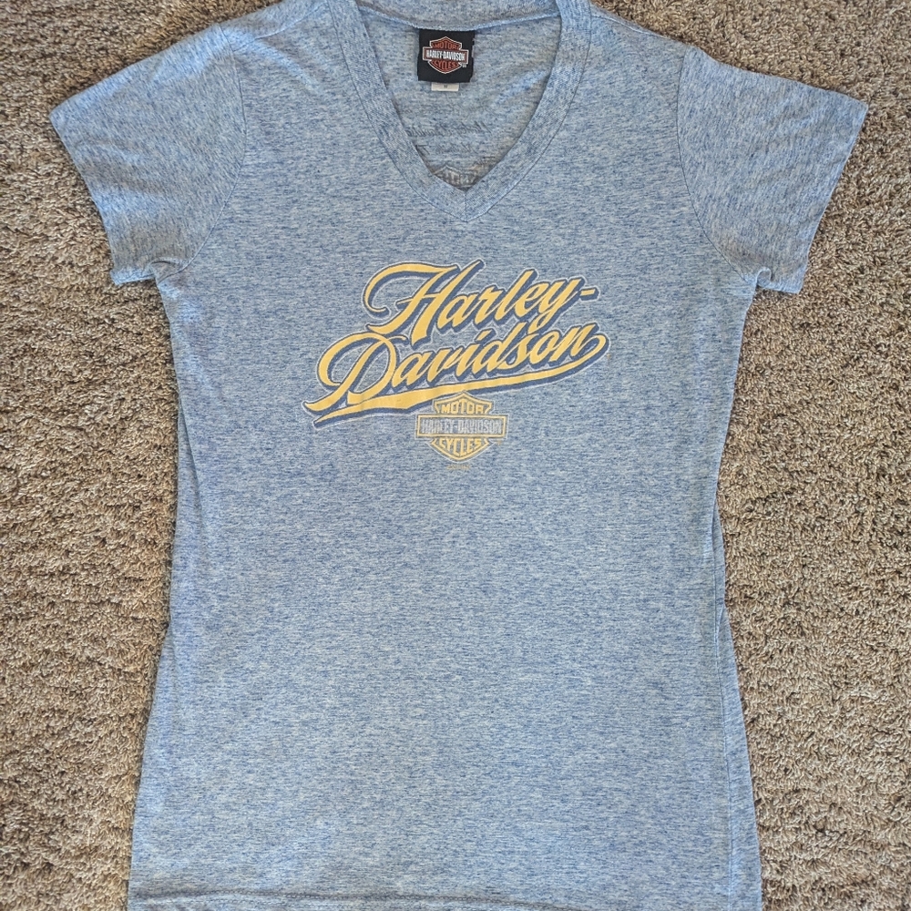 Women's Size Medium Harley-Davidson Heather Blue T Shirt With Yellow Lettering.